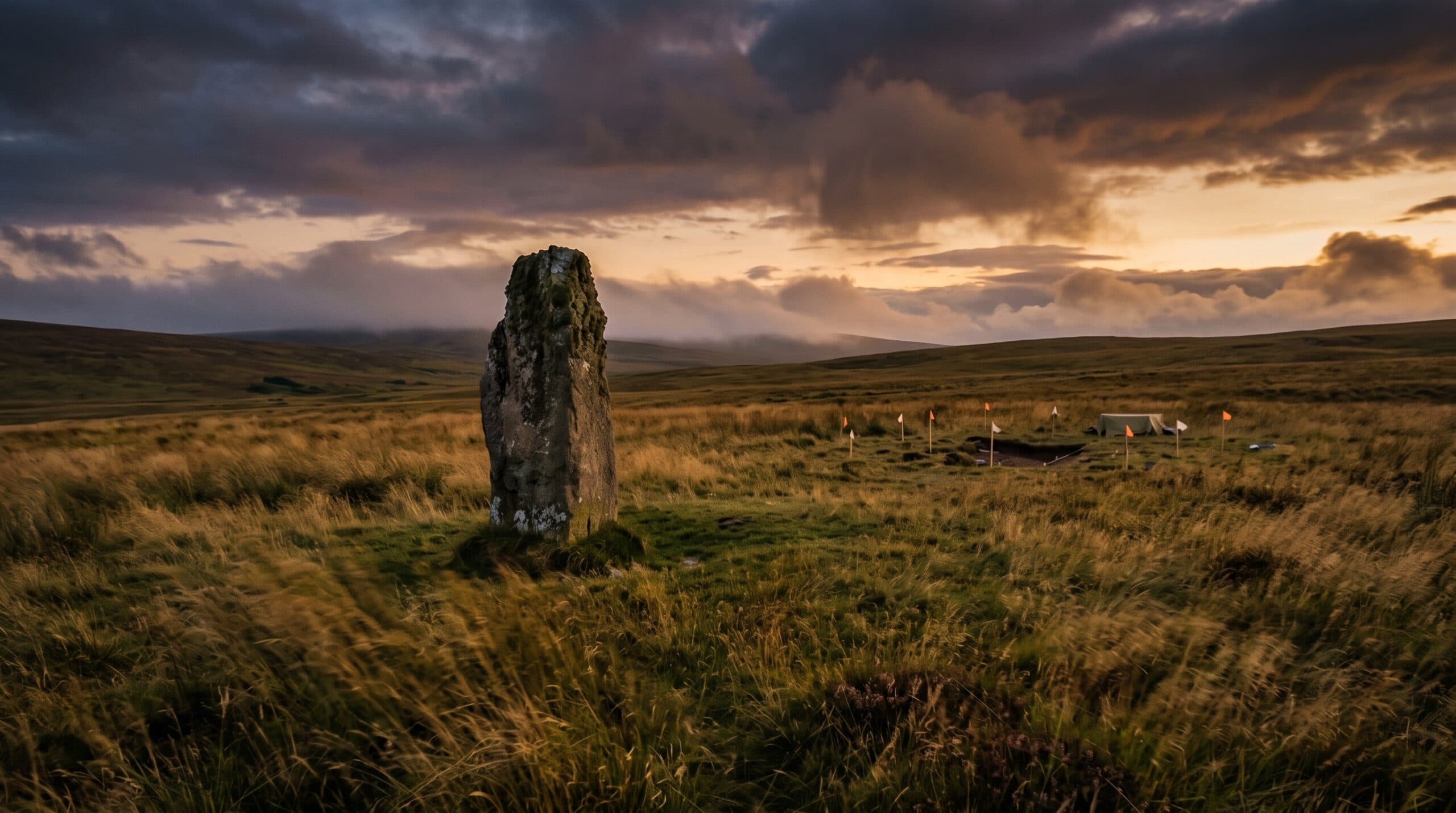 Ancient standing stone in a grassy archaeological landscape