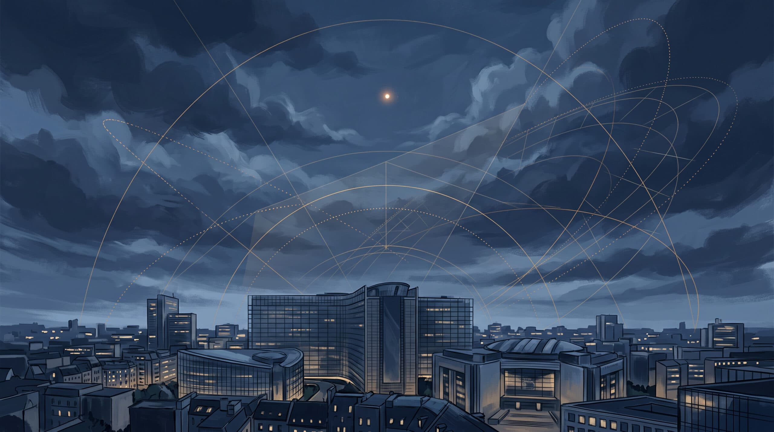 Conceptual view of Brussels beneath orbital tracking arcs and an unidentified light in the sky