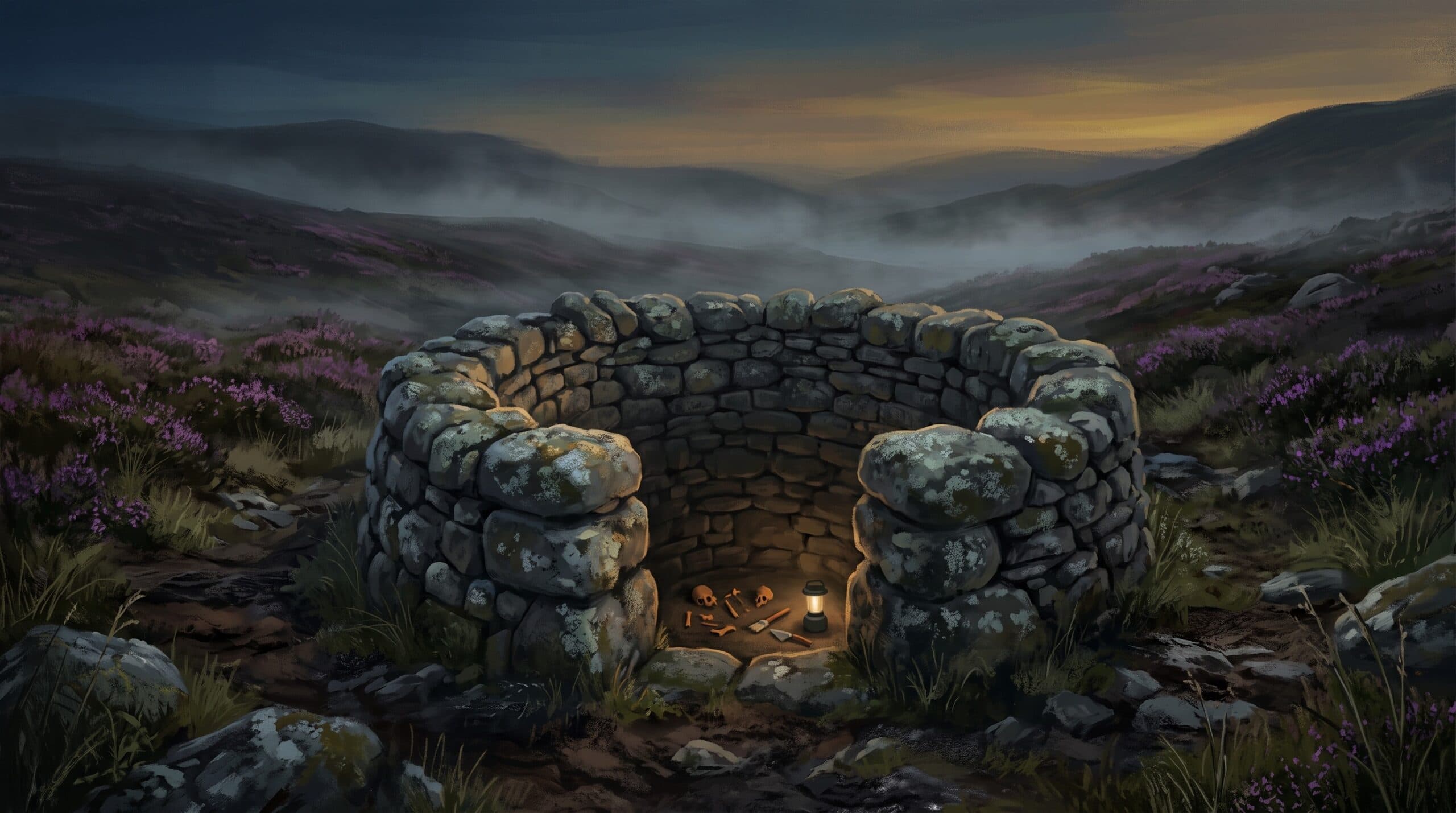 Conceptual stone-lined Iron Age well in the misty Scottish Highlands